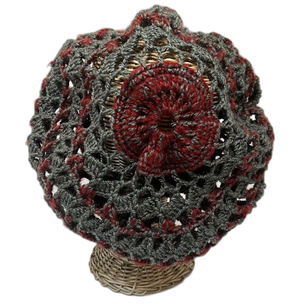 Handmade Gray & Red Crochet Slouchy Beret Boho Hat Festival Vibes Unisex OS